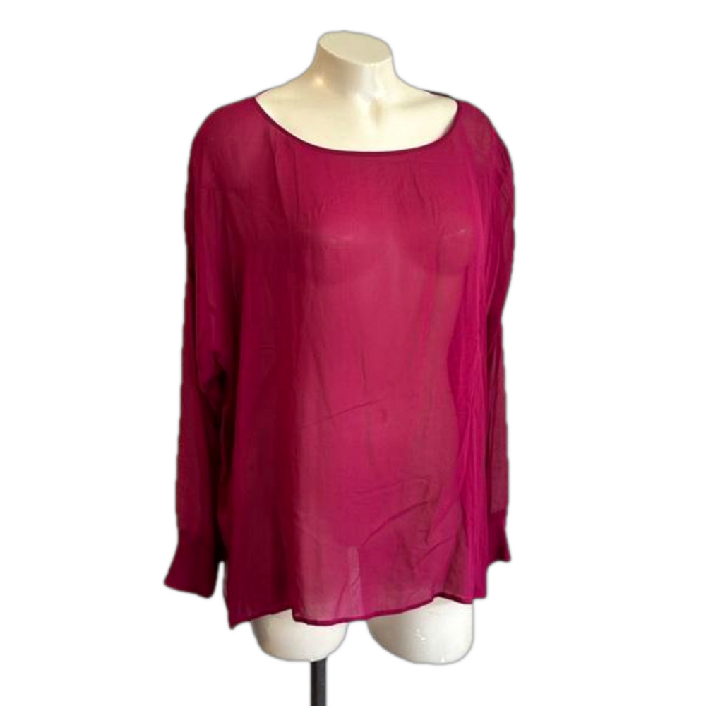 EILEEN FISHER magenta 100% silk transparent thin boxy blouse MEDIUM